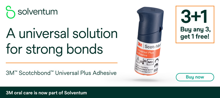 Solventum. A universal solution for stong bonds. 3M Scotchbond Universal Plus Adhesive. Buy 3 Get 1 Free!